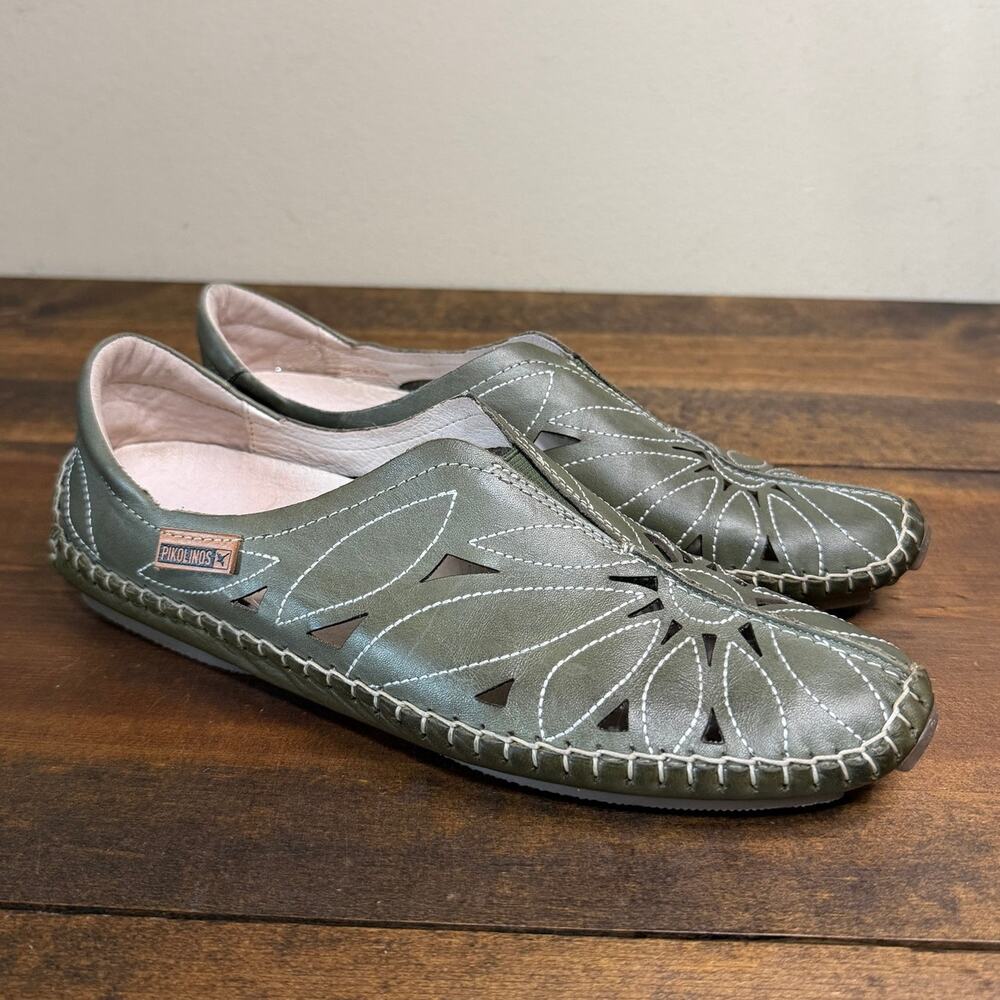 Pikolinos Jerez Olive Green Skimmer Flat Leather Cutout Slip On Moc Women's 36